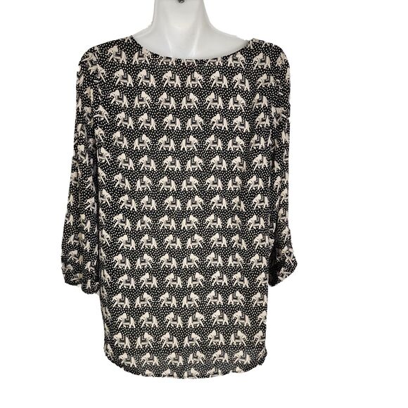 Pixley Womens Top Blouse Size Small Elephant Print 3/4 Roll Tab Sleeve Black Tan - Picture 2 of 10